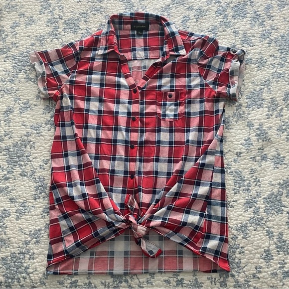 G Collection Red, White, and Blue Plaid Flannel Button Down with Front Tie - Picture 1 of 9